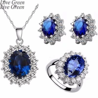 queen royal ocean blue white gold austrian crystal rhinestones zircon pendant chain necklace earrings ring jewelry sets 8585