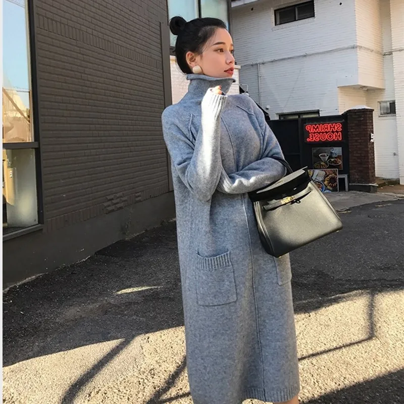 2019 women's spring and autumn winter long-sleeved sweater dress pullover straight knit loose warm casual pocket clothes | Женская