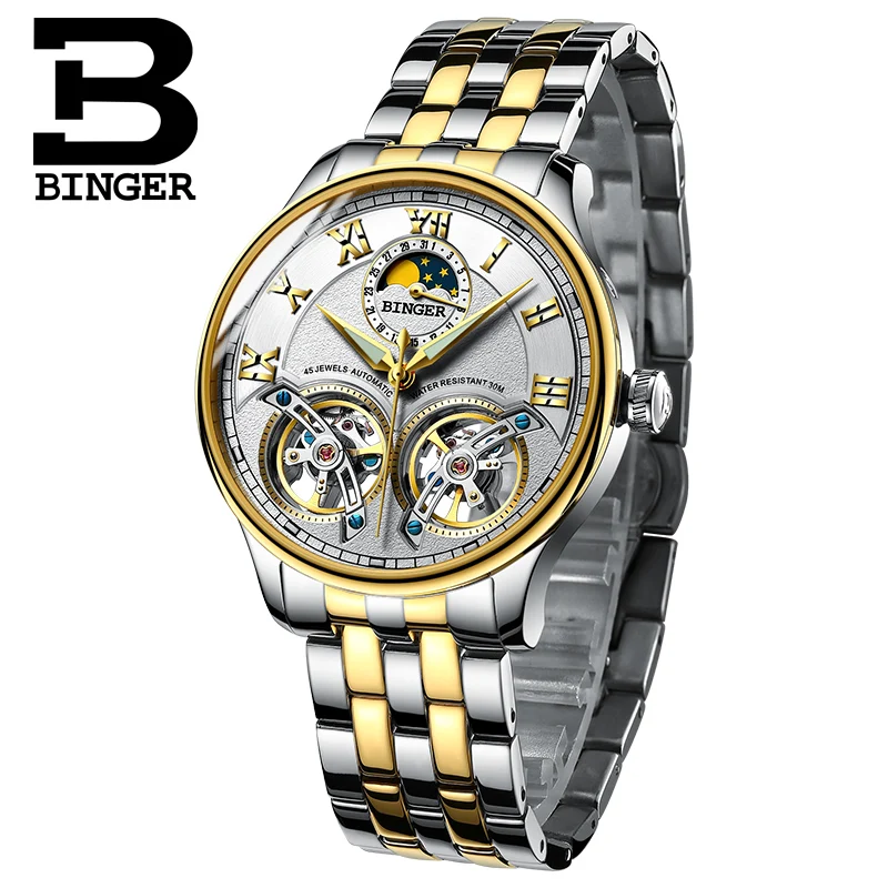 BINGER colouring Gold Hollow Automatic Mechanical Watches Men Luxury Brand Steel Strap Casual Skeleton Watch Luminous Clock 2017| |