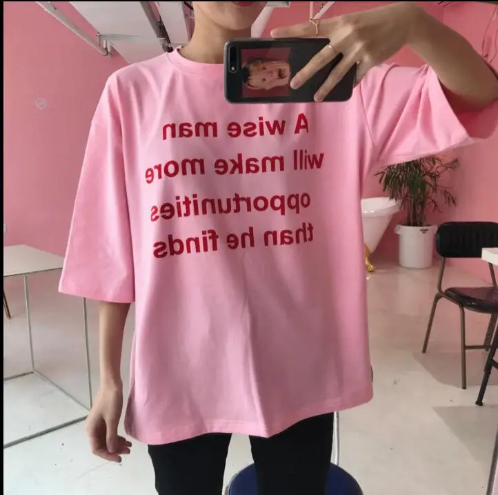 Корейский стиль колледжа новые розовые буквы с коротким рукавом|t shirt female|t shirtt style