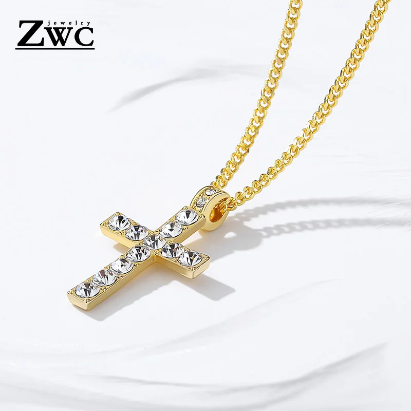 ZWC Модный классический кристалл инкрустация крест кулон ожерелье для женщин