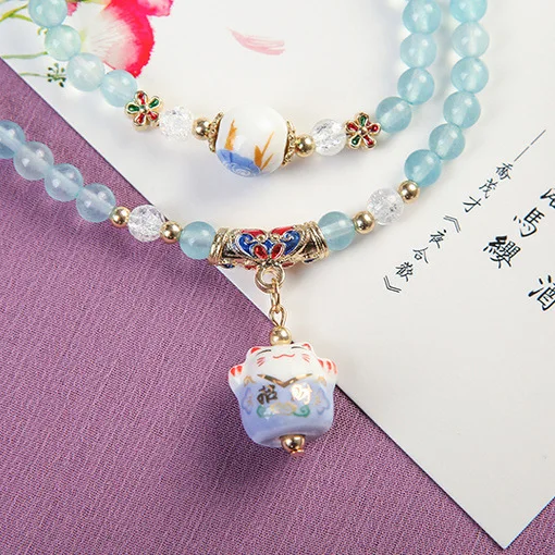 Корейская мода прекрасный Maneki Neko натуральный синий халцедон Камень Будда