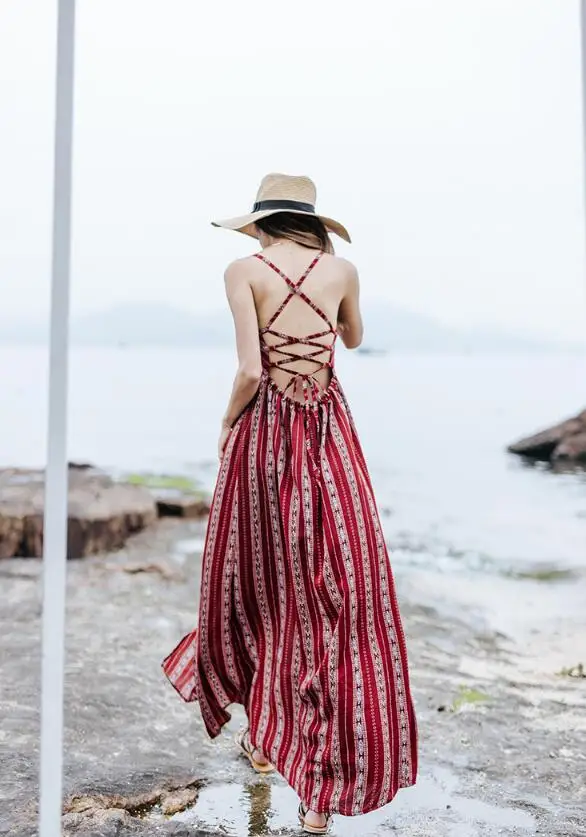 Летнее платье макси с открытой спиной Boho Chic женское пляжное красное на тонких