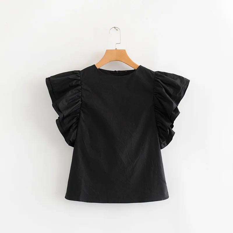 Женская блузка с рукавами в виде бабочки черная белая на молнии сзади коротким