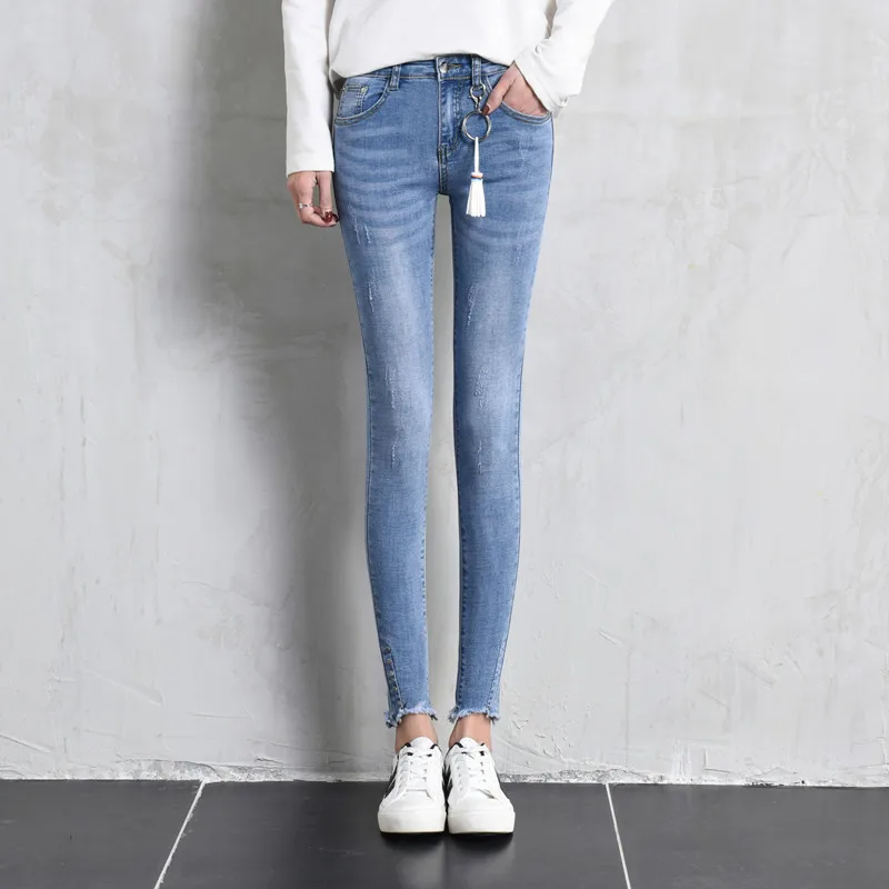 

200 Jins Women Shallowly Blue Elastic For Spring Thin Long Jeans Casual Skinny Middle Waist Super Large Pants Size 26-36 38 40