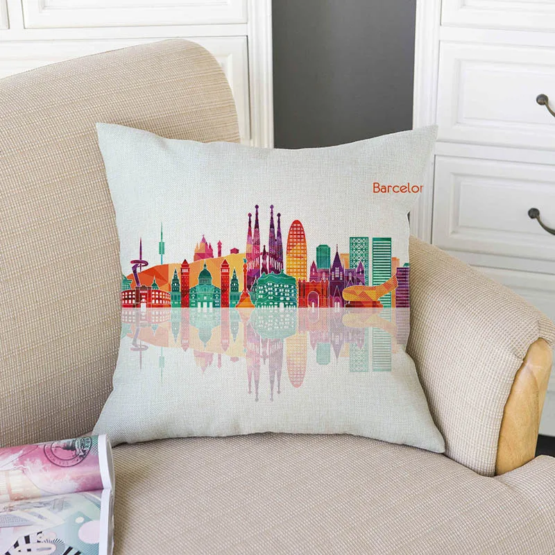 18" Colorful Landscapes City Geometrics Design Throw Pillow Decorative Nordic Europe Germany Bangkok Sofa Decor Cushion Covers images - 6