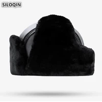 siloqin winter middle aged mens earmuffs cap thick warm fur hat genuine leather bomber hats sheepskin leather ski caps for men