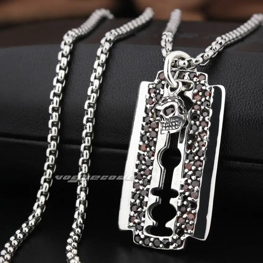 Linsion Лезвия для бритв dogtag Красный CZ Череп стерлингового серебра 925 мужские Байкер