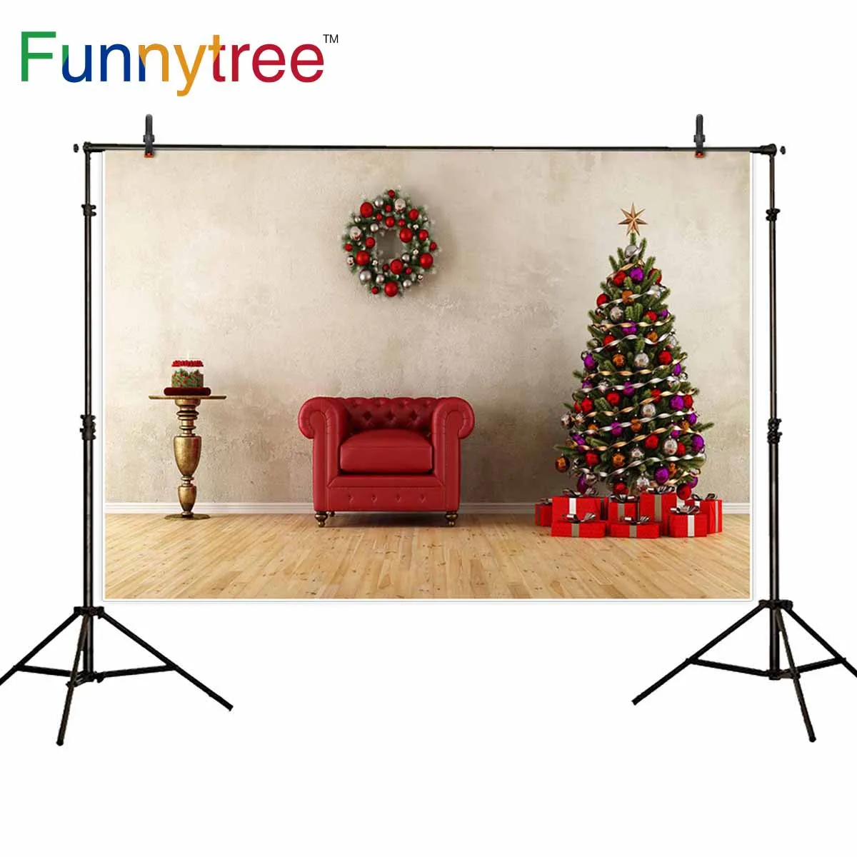 Фон для фотосъемки Funnytree Рождественская гирлянда красное кресло дерево подарки в