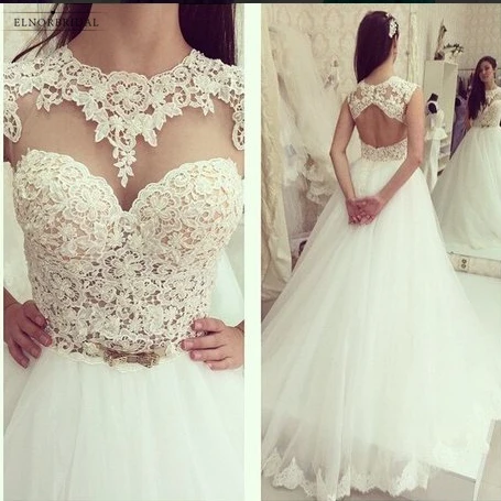 

White/Ivory Lace Wedding Dresses 2021 Robe De Mariage Sheer A Line Open Back Bridal Gowns Custom Made Bruidsjurken