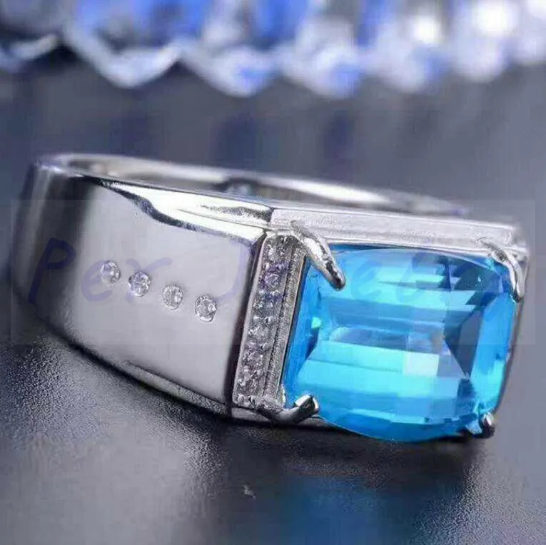 Мужское кольцо из серебра 925 пробы с натуральным голубым топазом 6 карат|rings free