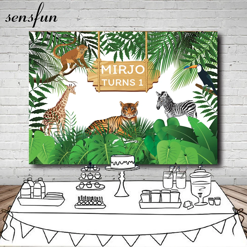 

Sensfun Tiger Giraffe Zebra Monkey Safari Backdrop Jungle Birthday Party Backgrounds For Photo Studio Cartoon Vinyl 7x5FT