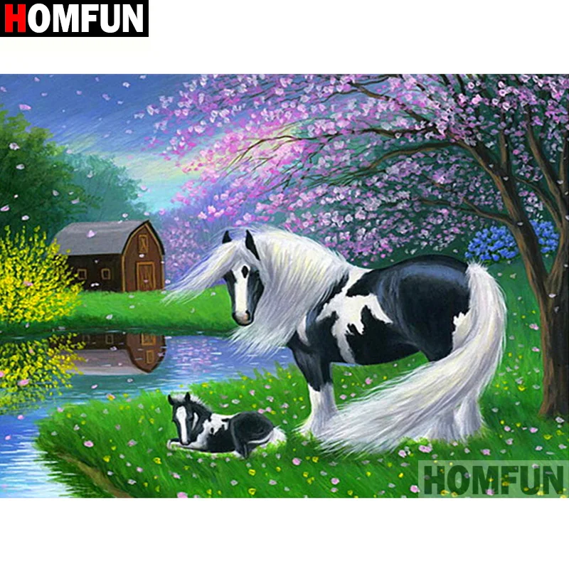 Алмазная живопись HOMFUN A19975 полноразмерная/круглая 5D картина домик лошадь вышивка