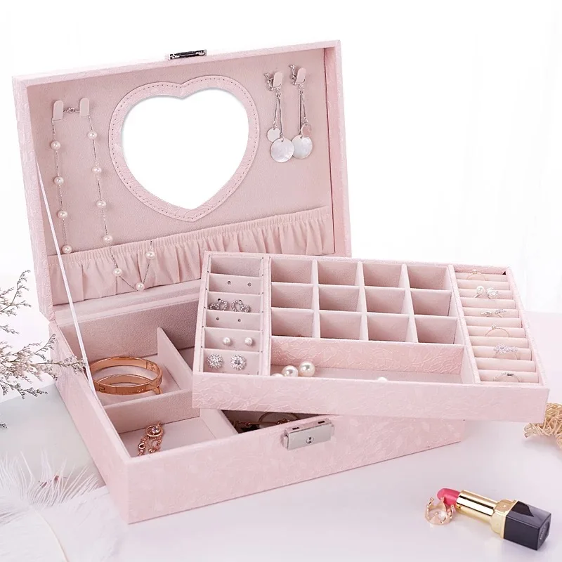 Pink Модная косметическая коробка шкатулка ожерелье кольцо чехол для хранения Органайзер Дисплей с Mirrow и замком - Цвет: Pink