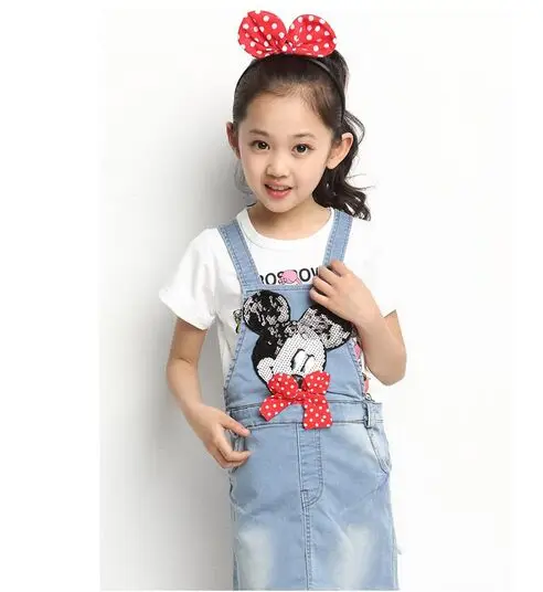 2016 летние джинсовые платья на подтяжках для маленьких девочек с Микки и Минни
