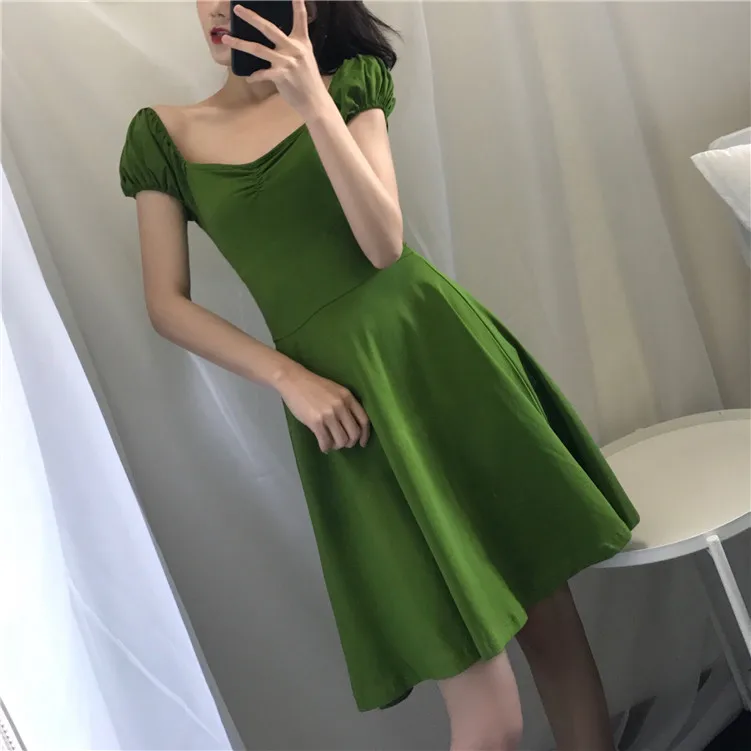 Женское винтажное платье ulzzang зеленое с воротником-лодочкой корейская мода