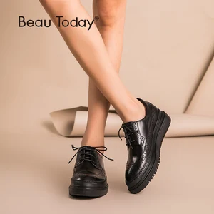 Женские ботинки-броги BeauToday, туфли из натуральной коровьей кожи на плоской платформе, с круглым носком, на шнуровке, ручная работа, 21403