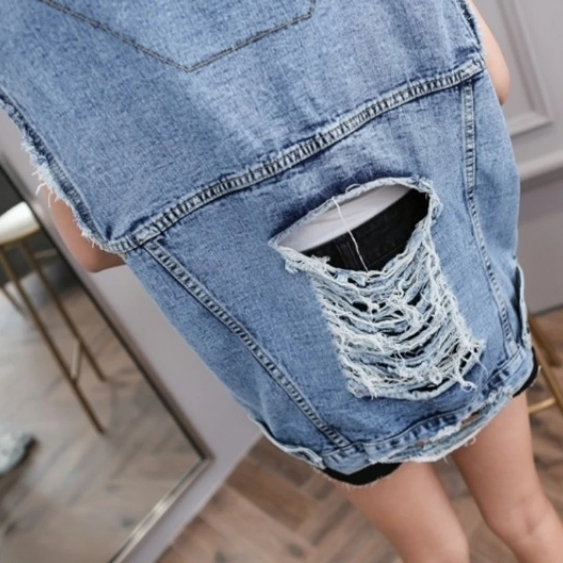 

Women Fashion Frayed Denim Jacket Sleeveless Hollow Out Loose Korean Harajuku Vest Coats Female Spring Summer Vintage Waistcoats