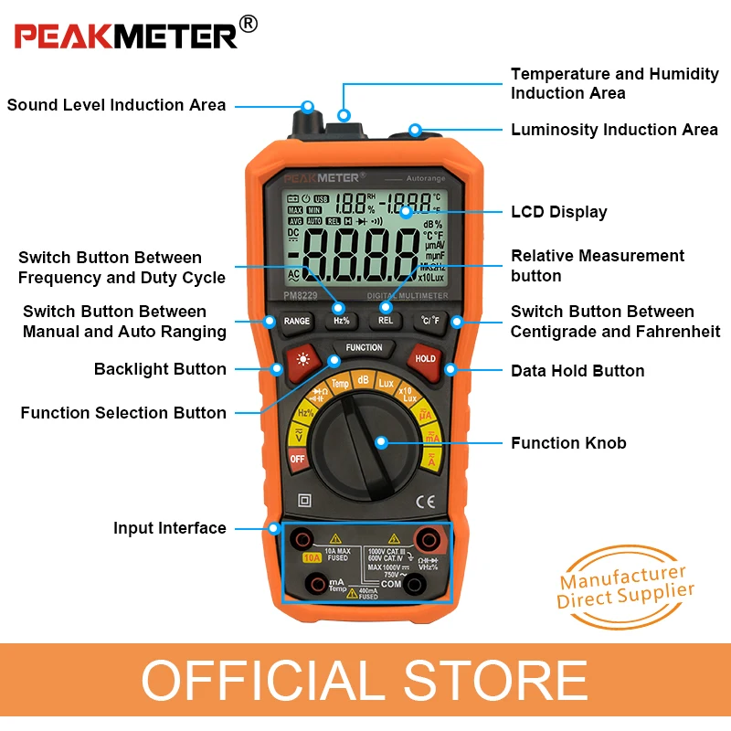 Цифровой мультиметр PEAKMETER MS8229 5 в 1 осветитель звуковой уровень Частота Температура Влажность измеритель напряжения MASTECH