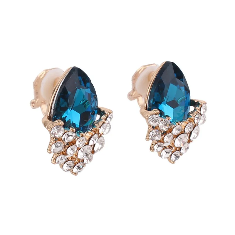 blue clip on Корейский стиль, Кристальные стразы, в форме капли воды, клипсы, серьги без пирсинга для женщин, Свадебные Роскошные серьги с застежкой - Окраска металла: blue clip on