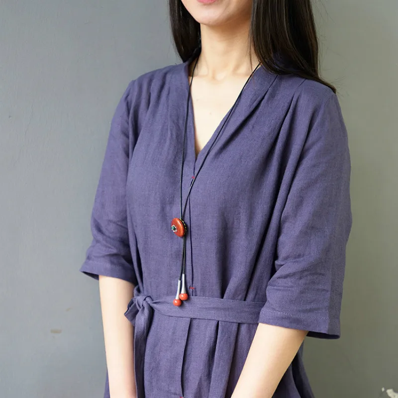 Summer Dress 2019 Elegant Women Deep V Neck Fashion With Sashes Loose Vintage Linen Maxi Spliced Fixed Button Pocket | Женская одежда