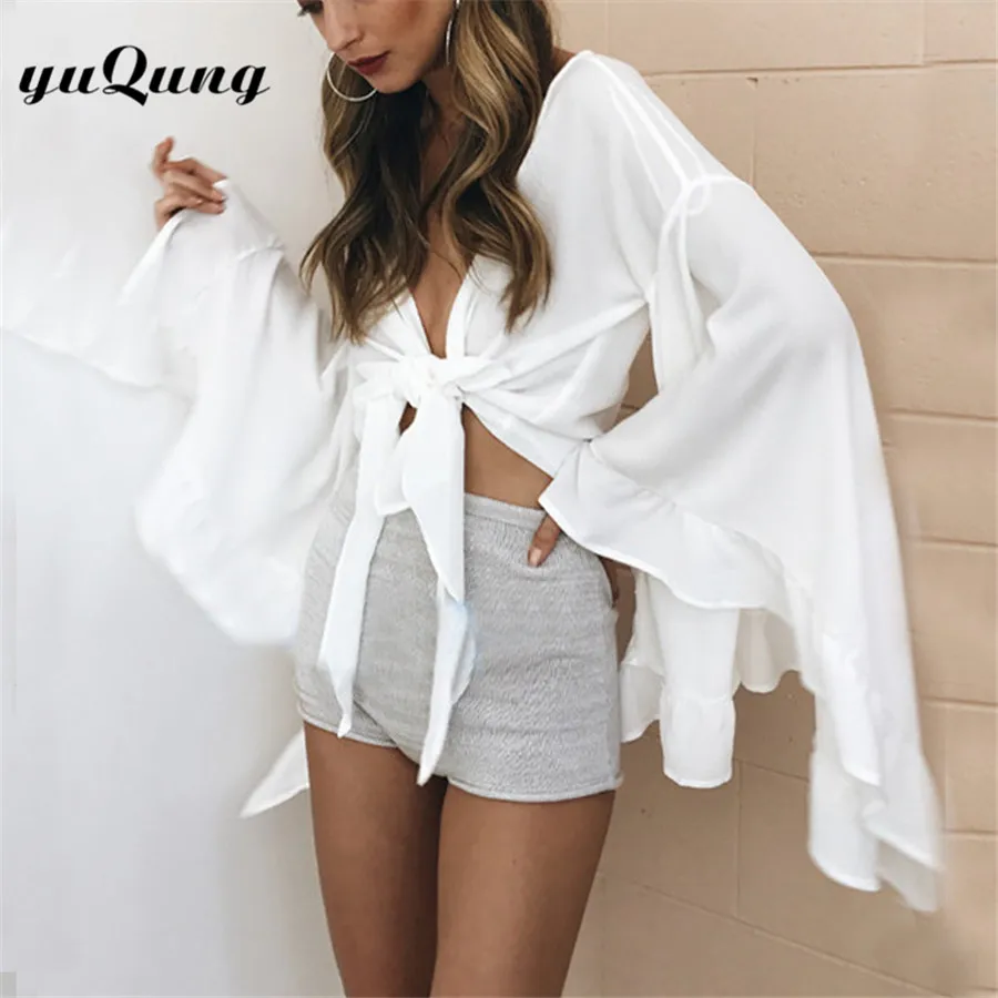 Yuqung пикантные женские рукав фонарик блузка Осень V шеи Lace-Up шифон укороченные
