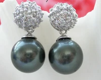 hot sell new 12mm round black south sea shell pearl dangle earring 925silver