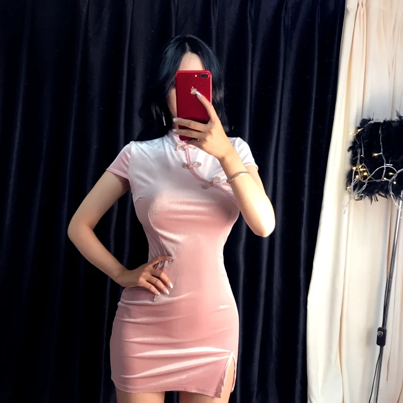 Женское винтажное бархатное платье в стиле Харадзюку облегающее Чонсам черного