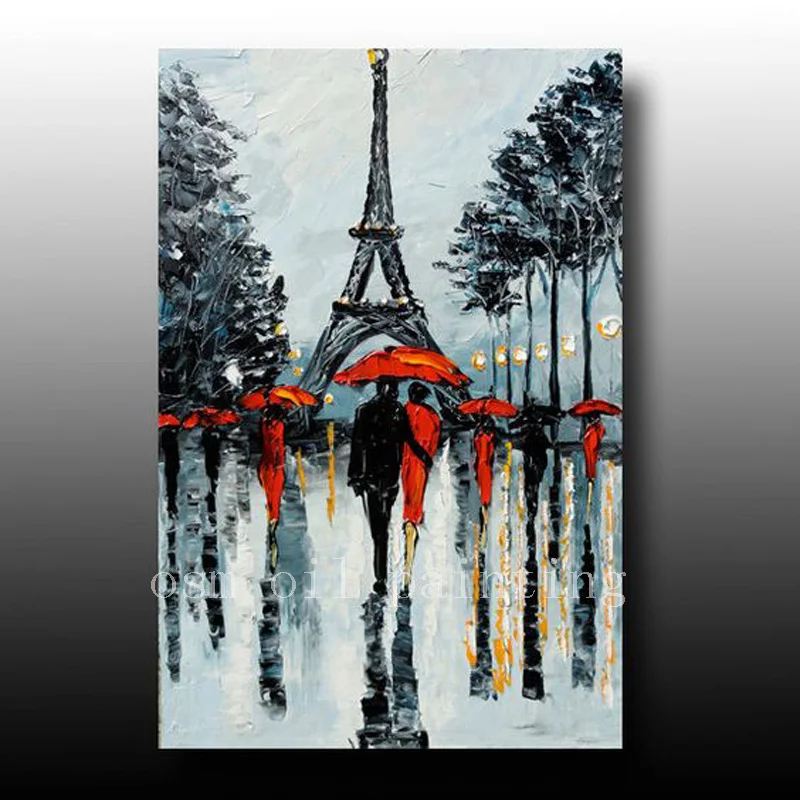 Handmade Black and White Paris Picture Palette Knife Oil Painting Hand-painted Abstract Wall Art Streetscape Couple Rainy Day | Дом и сад