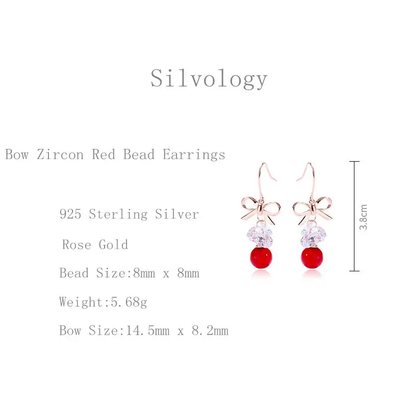 Silvology 925 Sterling Silver Bow Zircon Red Bead Female Earrings Rose Gold Creative Texture Drop Friendship Jewelry | Украшения и