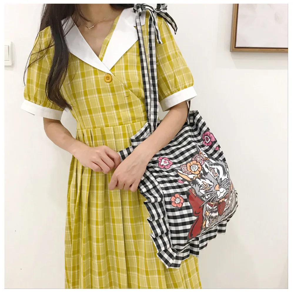 Black White Plaid Cotton Canvas Eco shopping Tote Shoulder Bag Pleated Trim Print Cat | Багаж и сумки