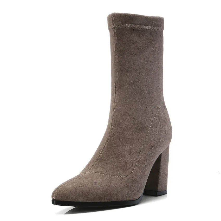 Khaki QUTAA/ г. Женские ботинки-Носки универсальные вязаные женские ботинки до середины икры с острым носком на платформе без застежки размеры 34-42 - Цвет: Khaki