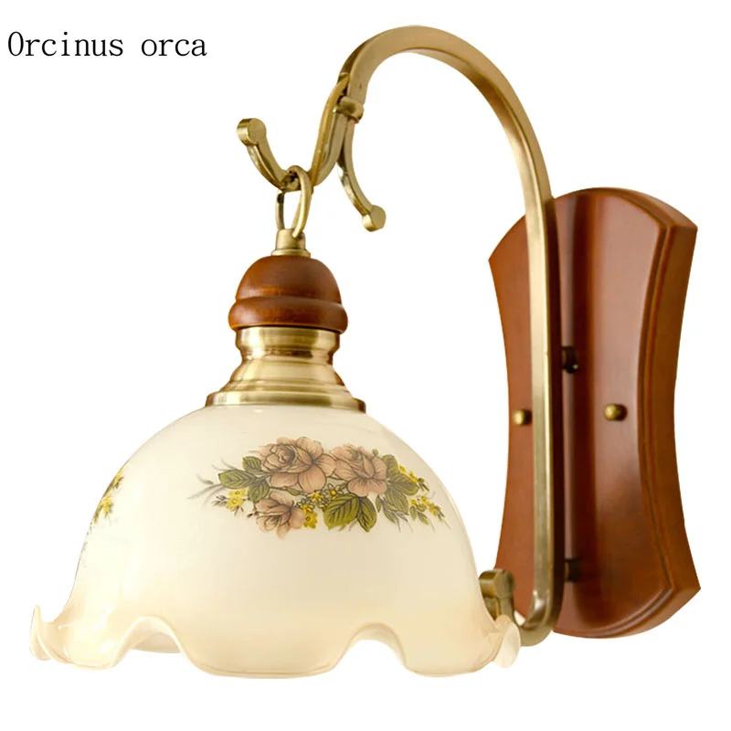 

American country solid wood wall lamp living room corridor bedroom bedside lamp Mediterranean painting retro LED wall lamp