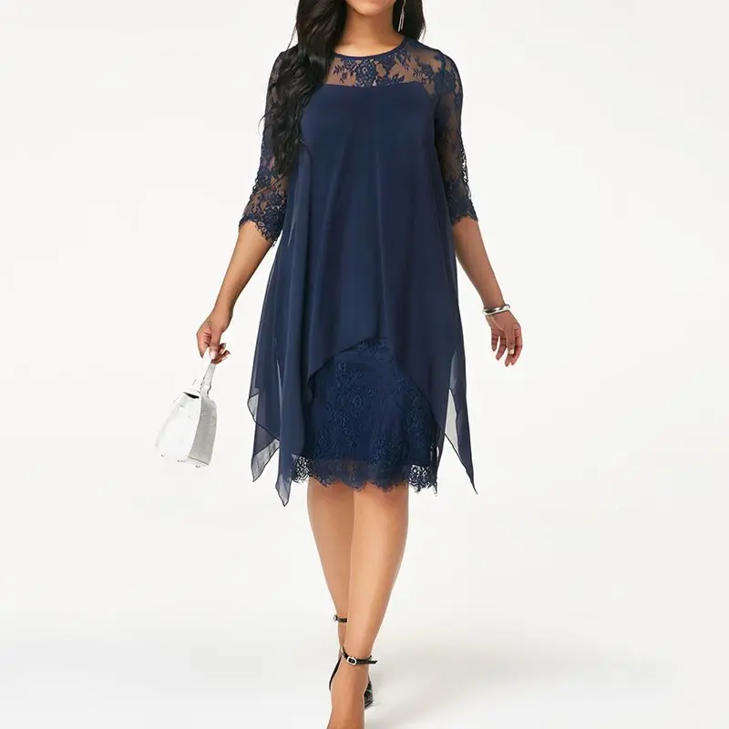 Summer Gothic Elegant Vintage Plus Size Women Midi Dresses Asymmetric Hollow Lace Blue Retro Female Chic Sexy Dress 2019 | Женская
