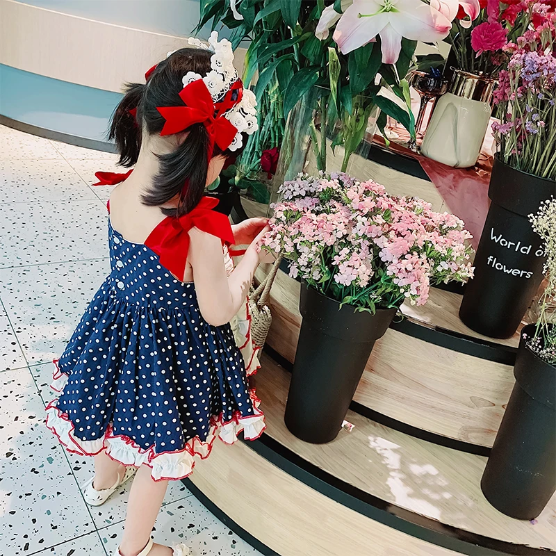 Детское летнее Хлопковое платье в горошек темно-синее мягкое удобное принцессы