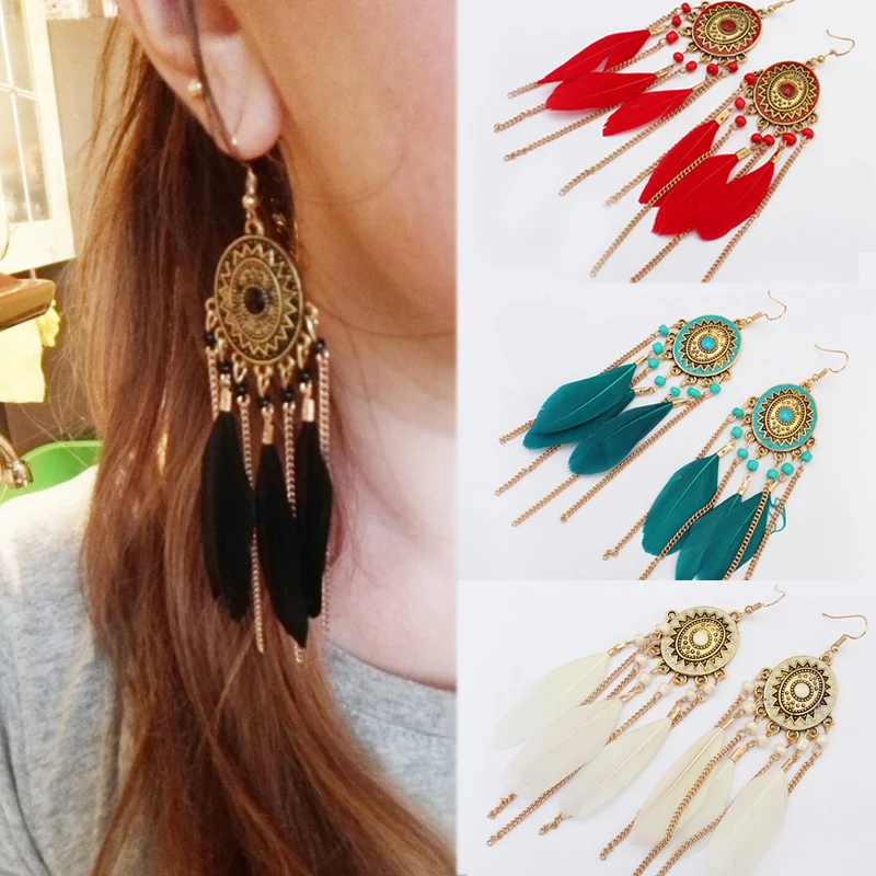 Новое поступление, серьги с перьями и кисточками, белые, Boho Exquesite, красные, длинные серьги, зеленые, уникальные, большие, 1 пара, для девушек, с бусинами, с цветами, черные, для женщин