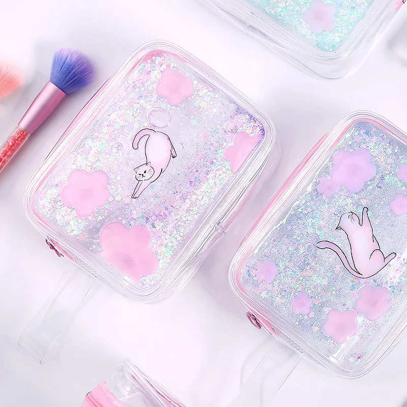 Женские дорожные косметички из ПВХ для девочек Kawaii Cat прозрачные блестки вишневые косметички для макияжа ящик-органайзер для хранения