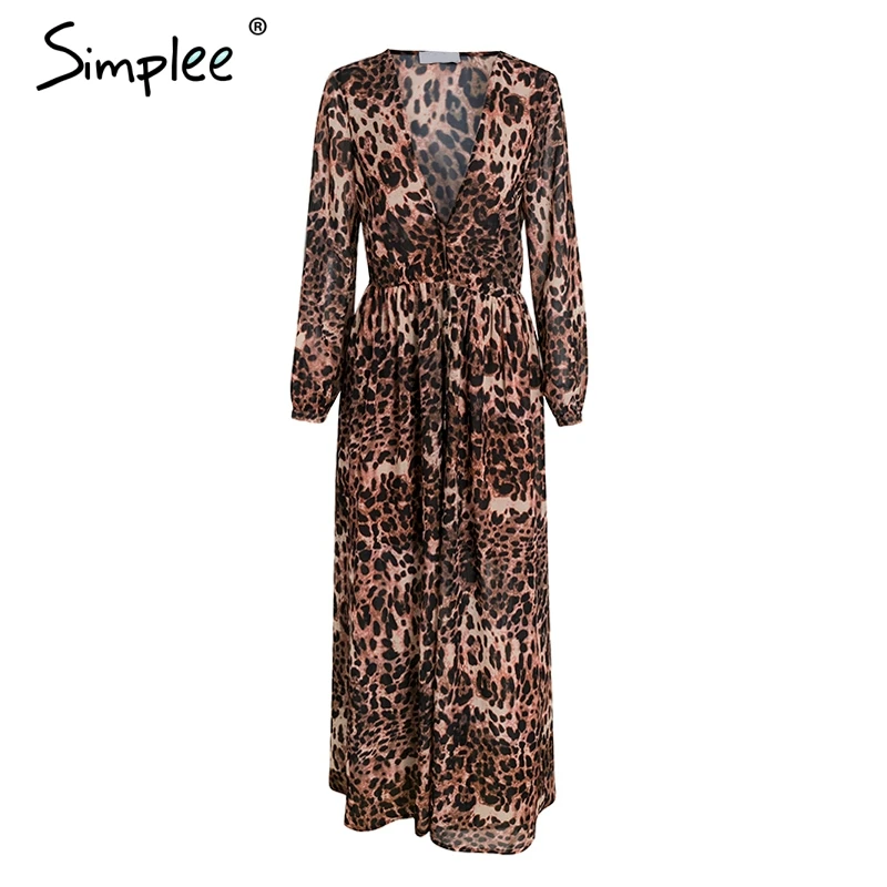 Женское осенне зимнее длинное платье Simplee леопардовое с глубоким V образным