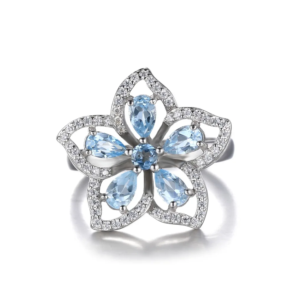 Jewelrypalace цветок 1.5ct Природный Голубой топаз коктейльное кольцо стерлингового