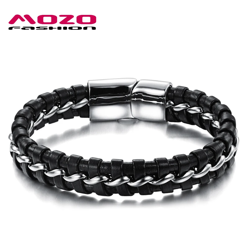 

MOZO FASHION Hot Brand Man Charm Jewelry Leather Rope Chain Bracelets Stainless Steel Magnetic Buckle Wristbands Pulseras MPH898
