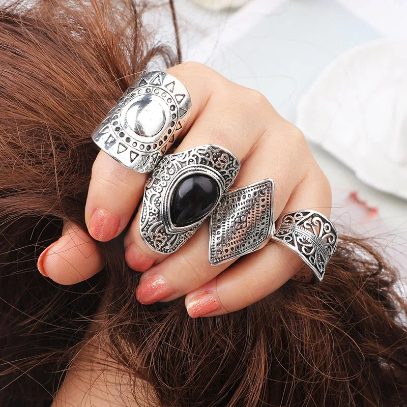 Винтажный этнический стиль черный камень Готический bague femme noire 4pic/sit крошечные