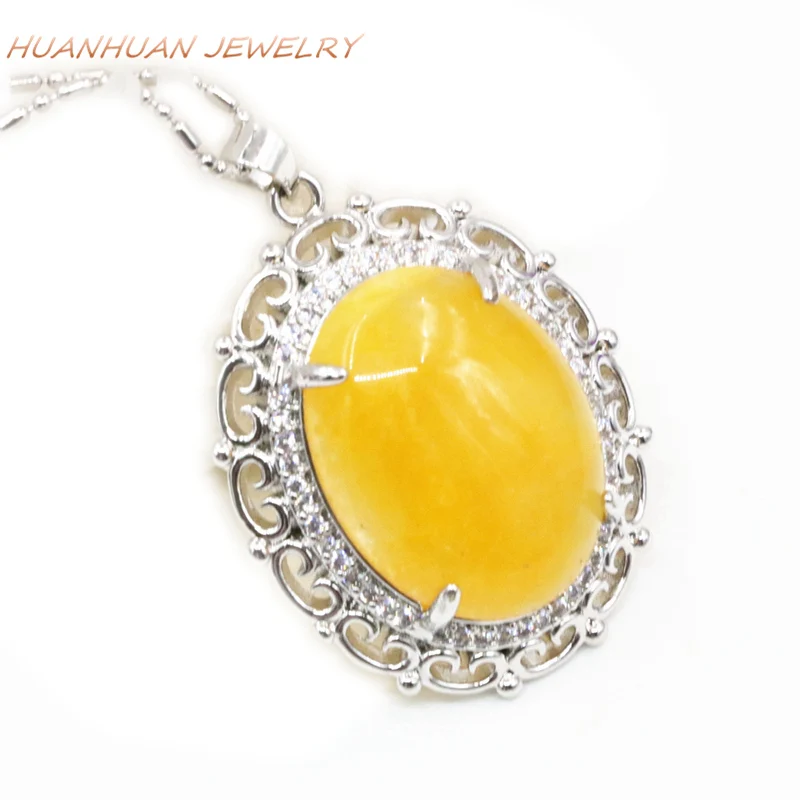 Stainless Steel Chain Pendant Necklace Women Zircon Inlay Natural Yellow Jades Stone Chalcedony Necklaces Pendants 28x35mm B3319 | Украшения