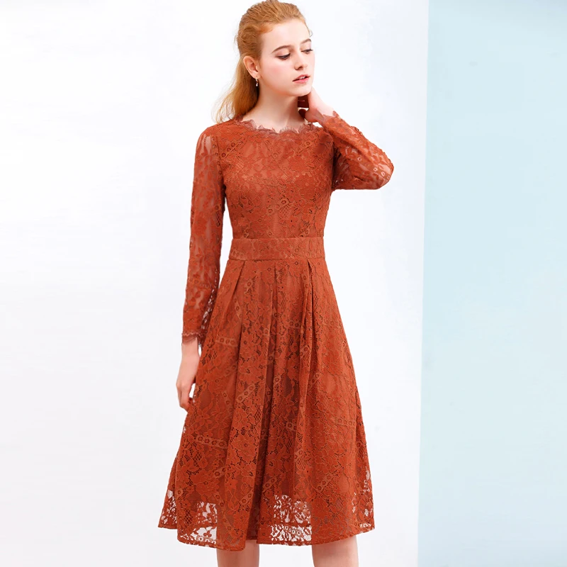 Женское ажурное кружевное платье с длинным рукавом и круглым вырезом|vestidos plus|lace