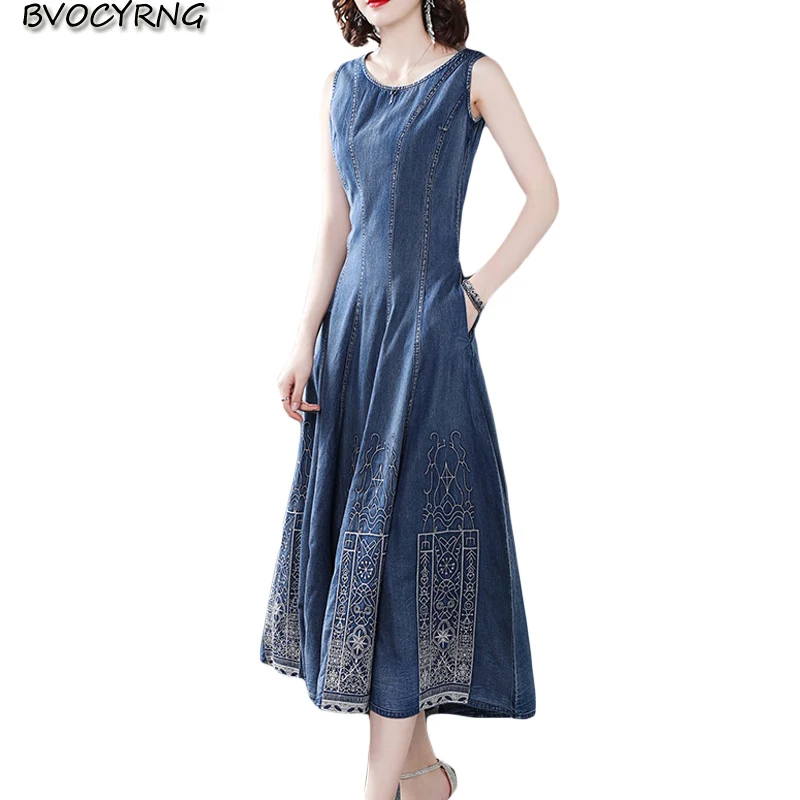 2019 spring summer new denim dresses women fashion slim long party dress embroidery high-end jeans dress female Leisure dress