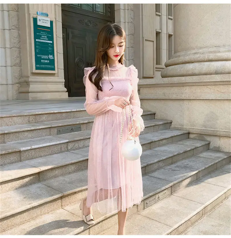 Корейское летнее платье 2018 женское Повседневное Сетчатое с длинными рукавами