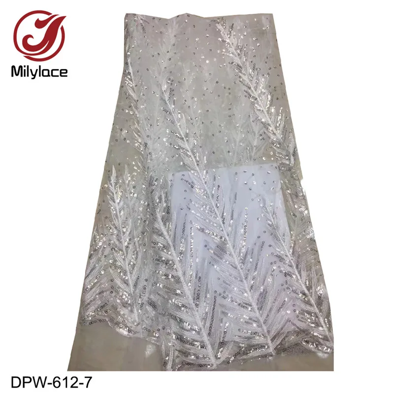 white Milylace нигерийская Кружевная Ткань 5 ярдов блестящее расшитое блестками Сетчатое кружево с вышивкой перьев для вечерние платья DPW-612 - Цвет: white