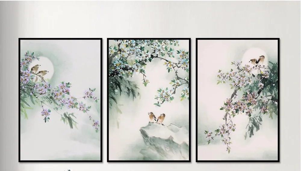 

New Chinese Ink and Wash Freehand Flowers and Birds Triple Frameless Decorative Paintings Birthday Gifts Boxless Paintings