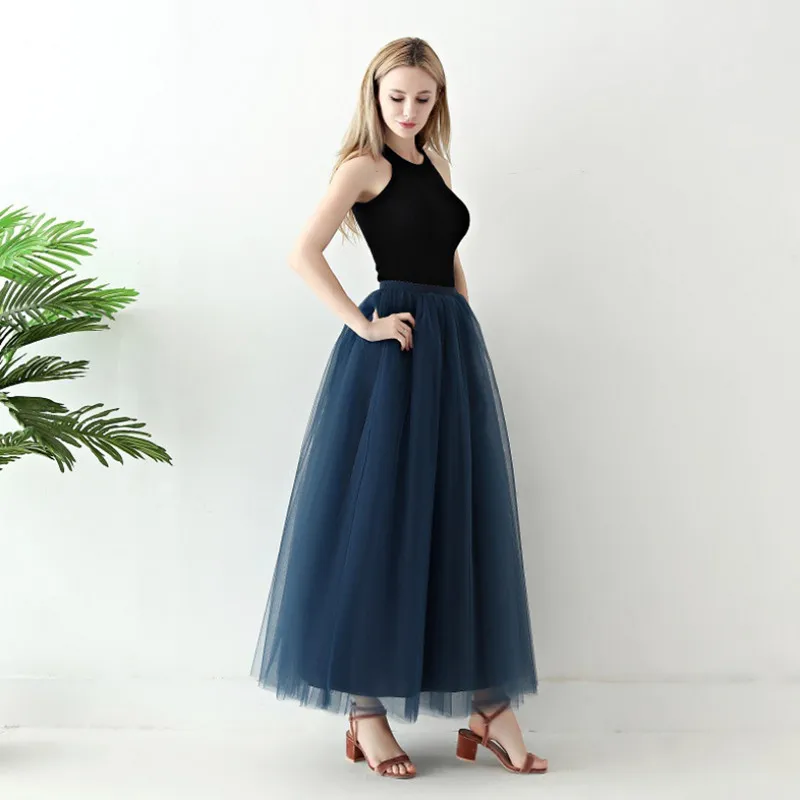 navy blue 5 слоев 100 см макси Женская юбка Тюлевая юбка для подружки невесты Свадебная юбка мусульманская длинная юбка свободный размер Faldas Saias Femininas Jupe - Цвет: navy blue