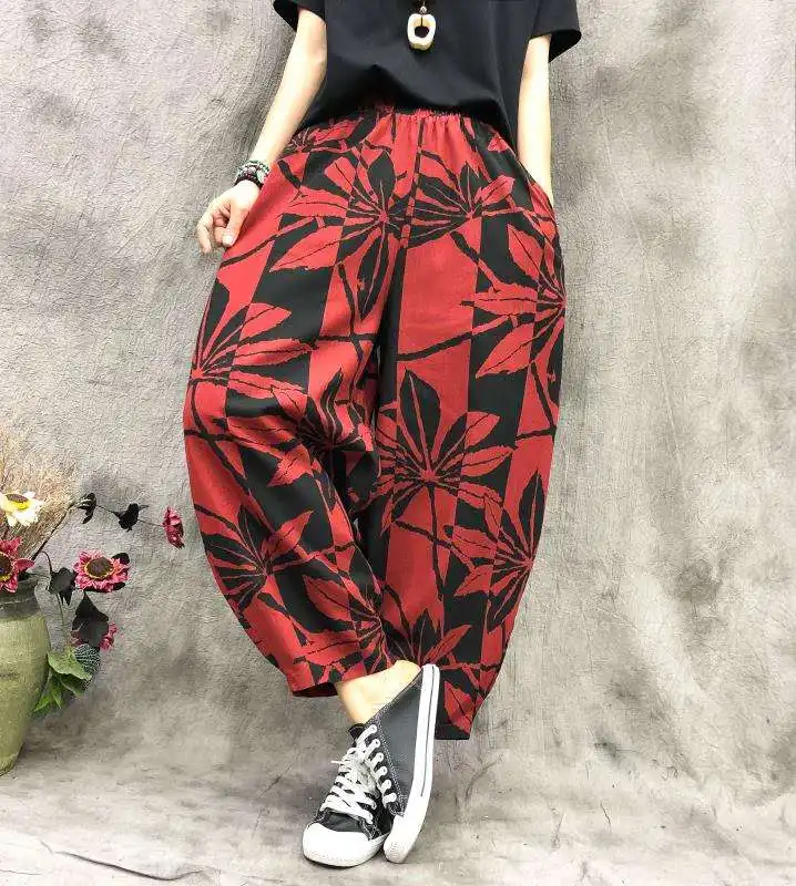 Summer Hip Hop New Print Linen Shorts Women Summer Casual Harem Leg Shorts Pockets Elastic Waist Loose Short Vintage autumn