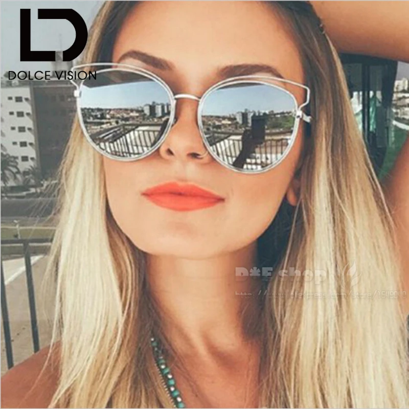 DOLCE VISION Fashion 2018 Cat Eye Sunglasses Women Silver Mirror UV400 Shades Oculos Female Metal Designer Sun Glasses For | Аксессуары